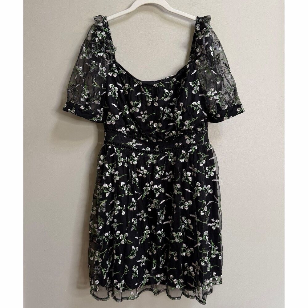 Lulus Radiant Love Black Embroidered Floral Puff Sleeve Skater Dress Size 1X